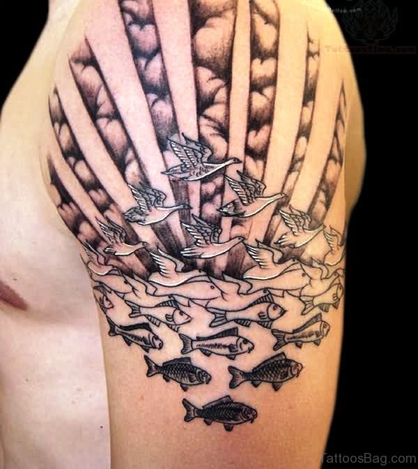 Lovely Birds And Fishes Tattoo