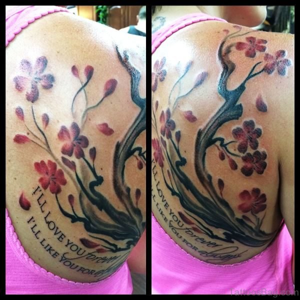 Lovely Cherry Blossom Flower Tattoo On Shoulder Back 