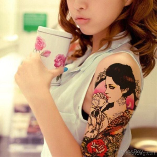 Lovely Geisha Tattoo On Shoulder