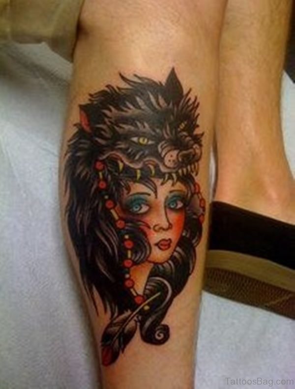 Lovely Girl And Wolf Tattoo