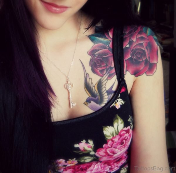 Lovely Roses And Swallow Tattoo