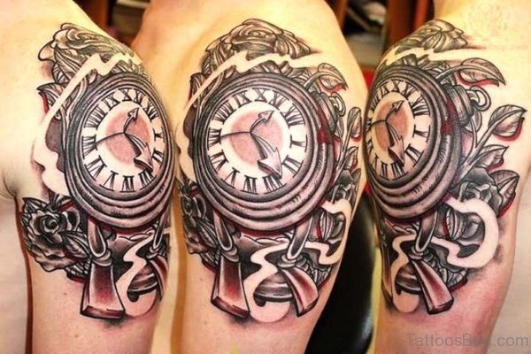 Lovely Shoulder Clock Tattoo Design 