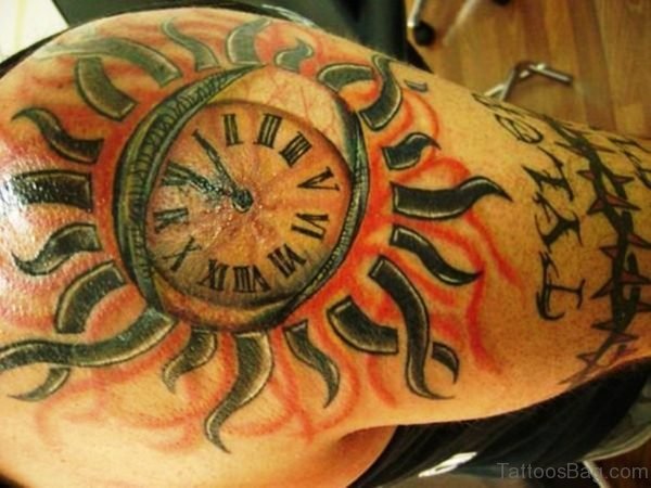 Lovely Sun Tattoo On Shoulder 