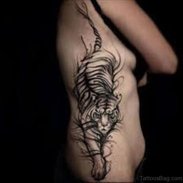 Lovely Tiger Tattoo For Girls On Rib
