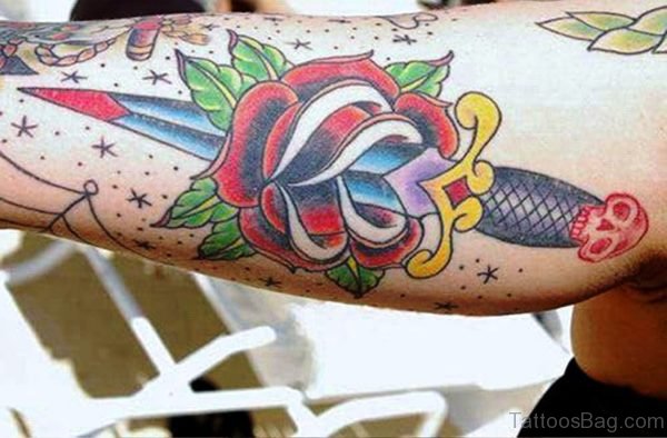 Magnificent Dagger Tattoo With Rose