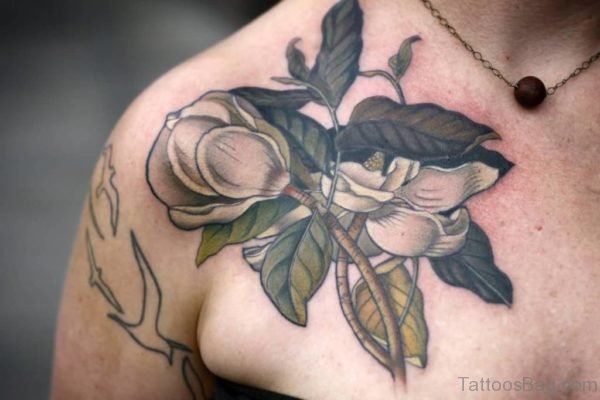 Magnolia Tattoo On Front Shoulder For Girls