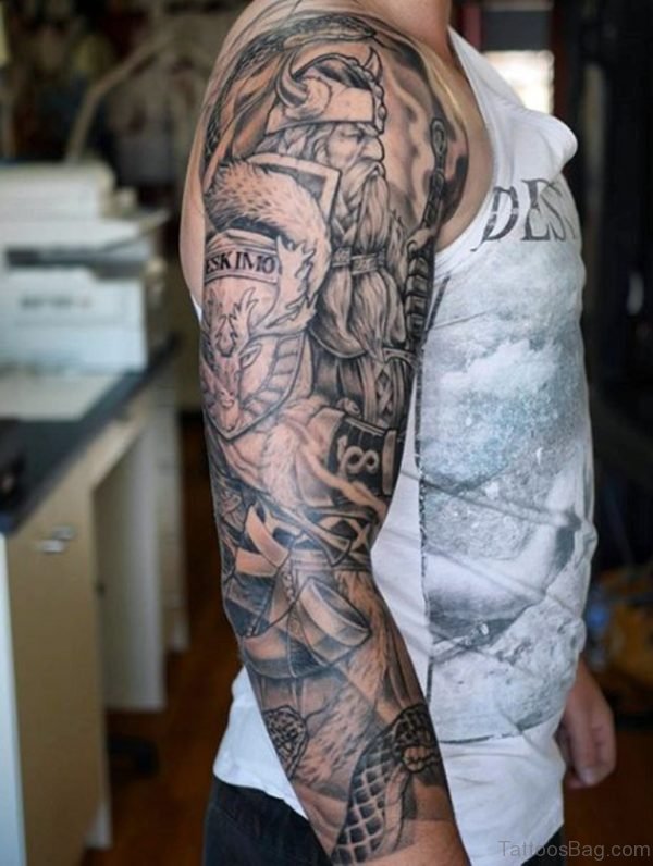 Man With Viking Sword Tattoo Full Sleeve 