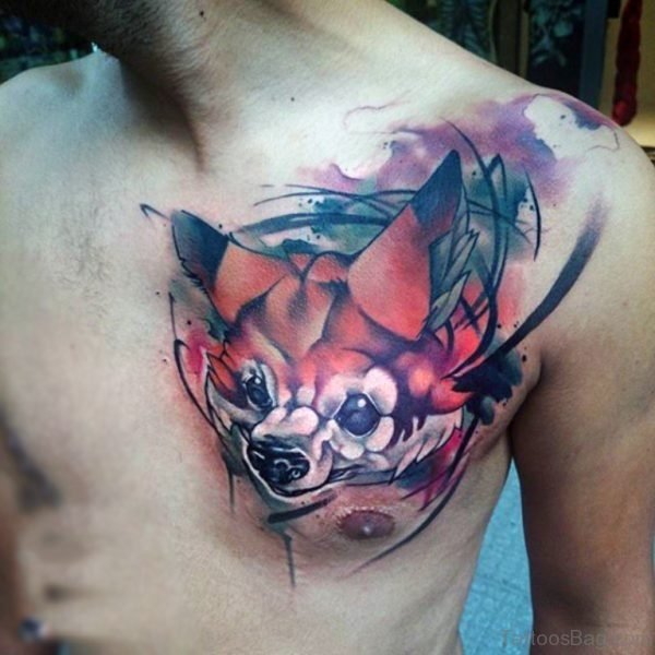 Man With Water Color Fox Head Tattoo On Chest