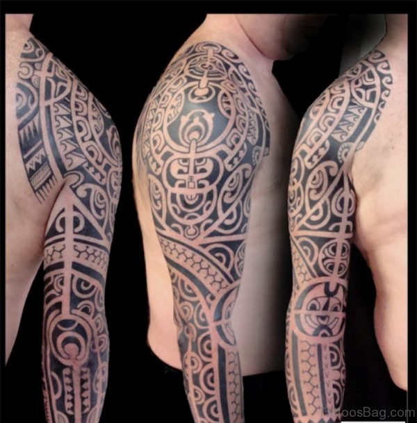 Maori Tribal Tattoo On Full Sleeve 