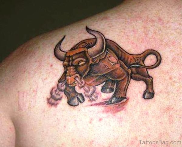 Marvelous Bull Tattoo On Back Shoulder