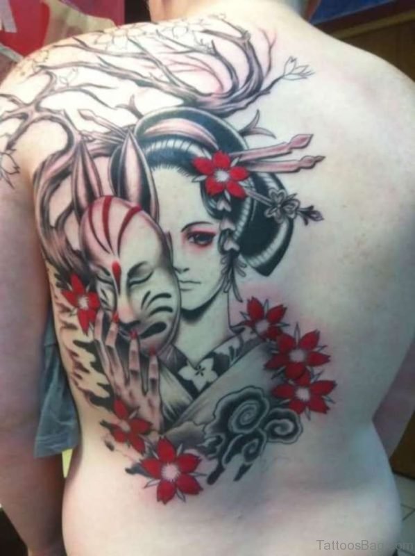 Mask And Geisha Tattoo On Back