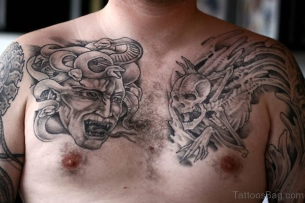 Medusa And Mechanical Skull Tattoos On Chest