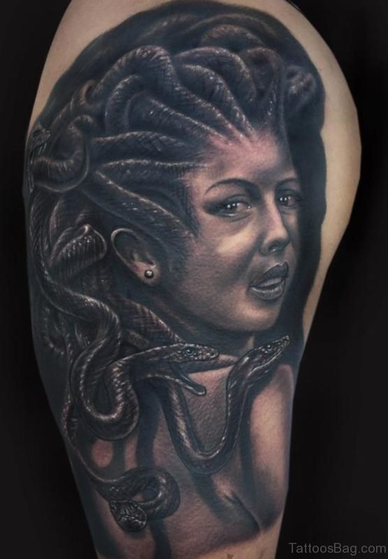 Medusa Portrait Tattoo On Shoulder