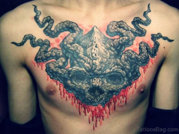 Medusa Skull Grey Ink Tattoo On Chest