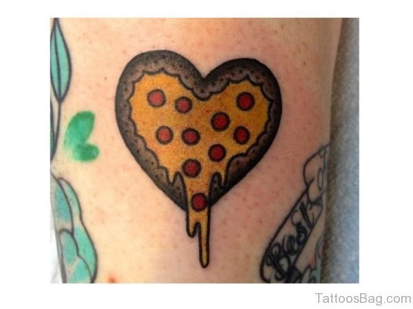 Melting Heart Shape Pizza Tattoo Design For Leg