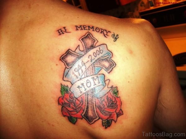 Memorial Cross Tattoo With Banne rAnd Roses 