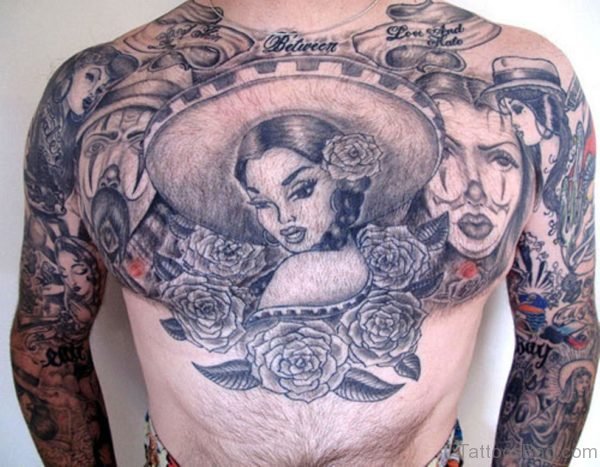 Mexican Clowns And Girl Tattoo on Chest
