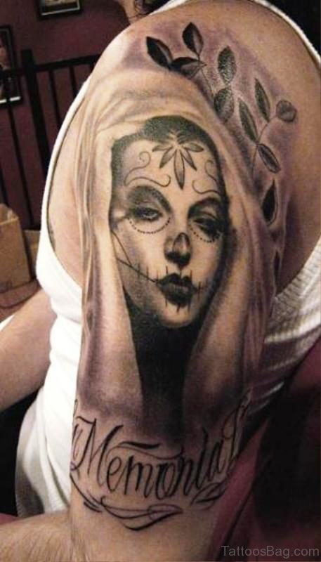 Mexican Lady Skull Tattoo On Left Shoulder