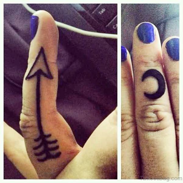 Moon And Arrow Tattoo On Fingers