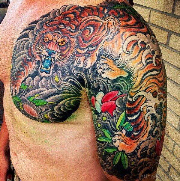 Multicolored Half Sleeves Shoulder Tattoo Design