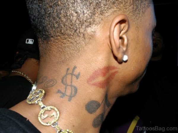 Music And Dollar Tattoo On Neck