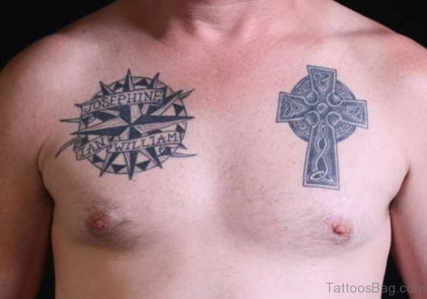 Nautical Compass And Celtic Cross Tattoo On Chest