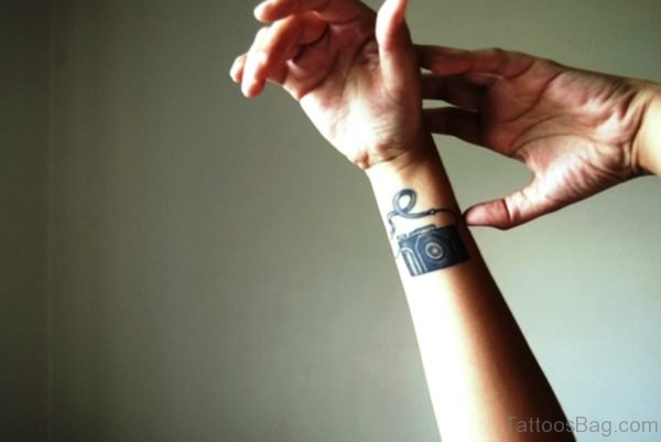 Nice Black Camera Wrist Tattoo