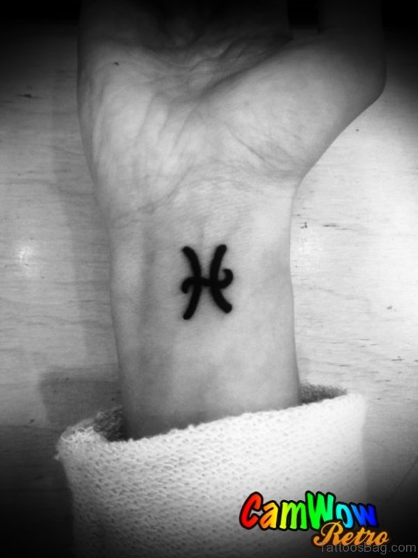 Nice Black Pisces Symbol Wrist Tattoo 