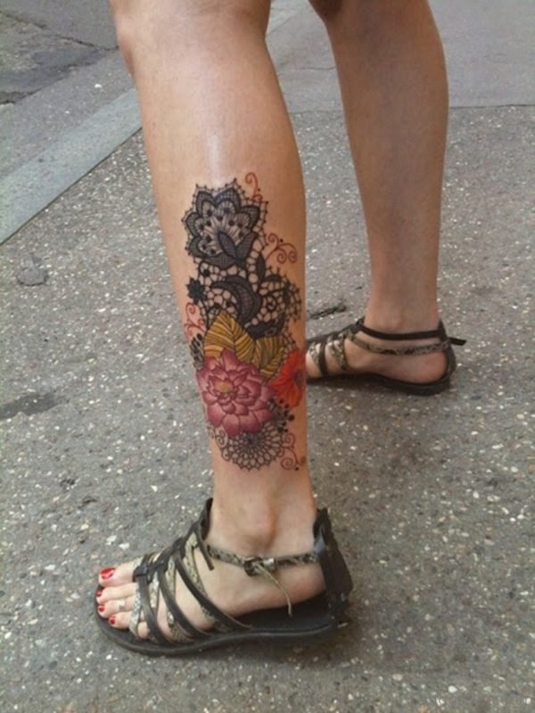 Nice Flowers Tattoo Designs On Leg For Girls