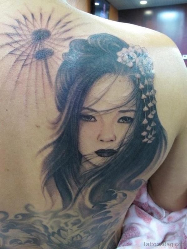 Nice Geisha Tattoo On Back