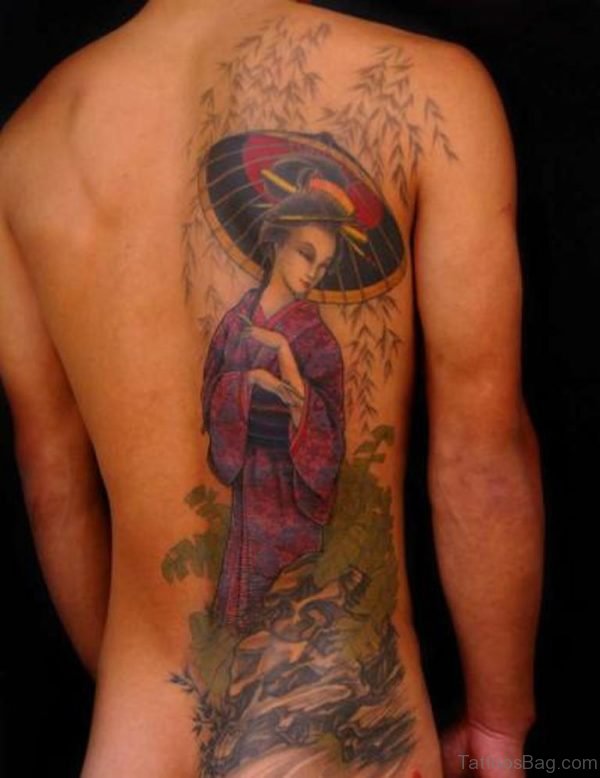 Nice Geisha Tattoo On Back For Women