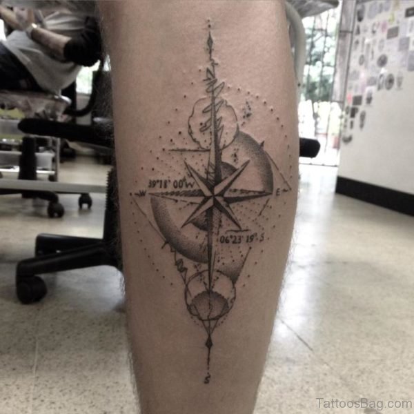 Nice Grey Ink Compass Tattoo On Back Leg