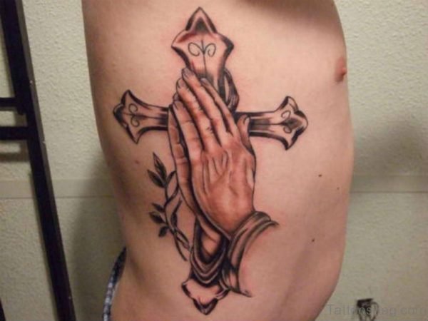 Nice Grey Ink Praying Hands And Cross Tattoo On Rib Side