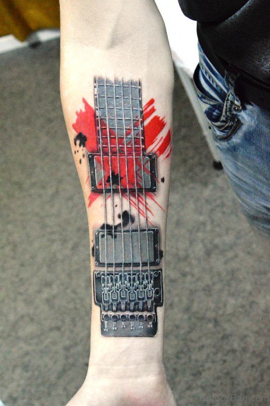 Nice Guitar Tattoo On Forearm