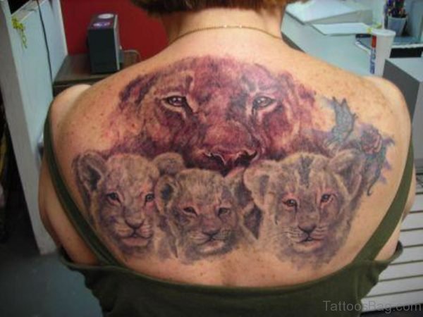 Nice Lion Family Tattoo On Back 