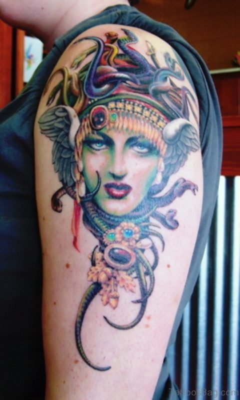 Nice Medusa Head Tattoo On Shoulder