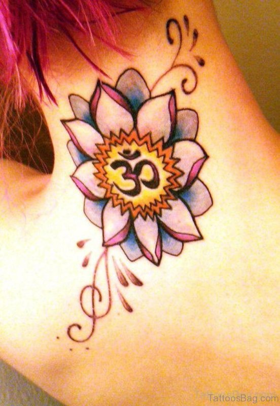 Om And Flower Neck Tattoo