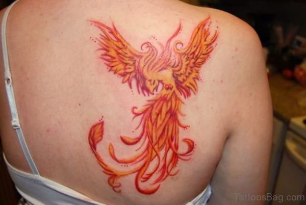 Orange Phoenix Tattoo On Shoulder Back