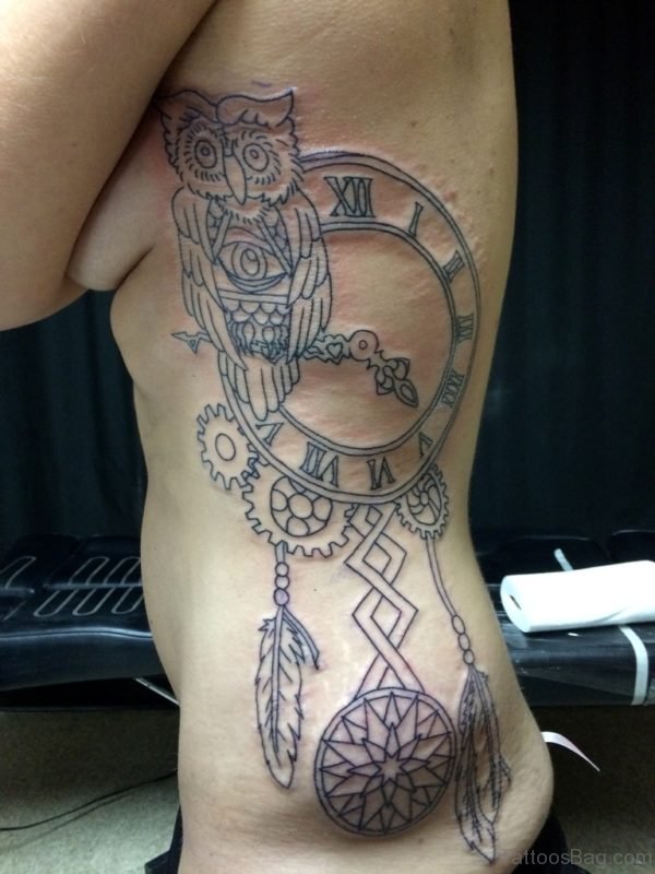 Ouline Clock And Owl Tattoo