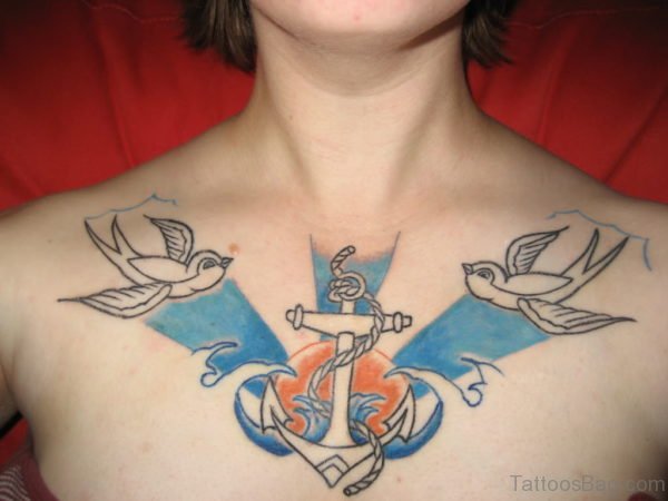 Outline Anchor And Birds Tattoo