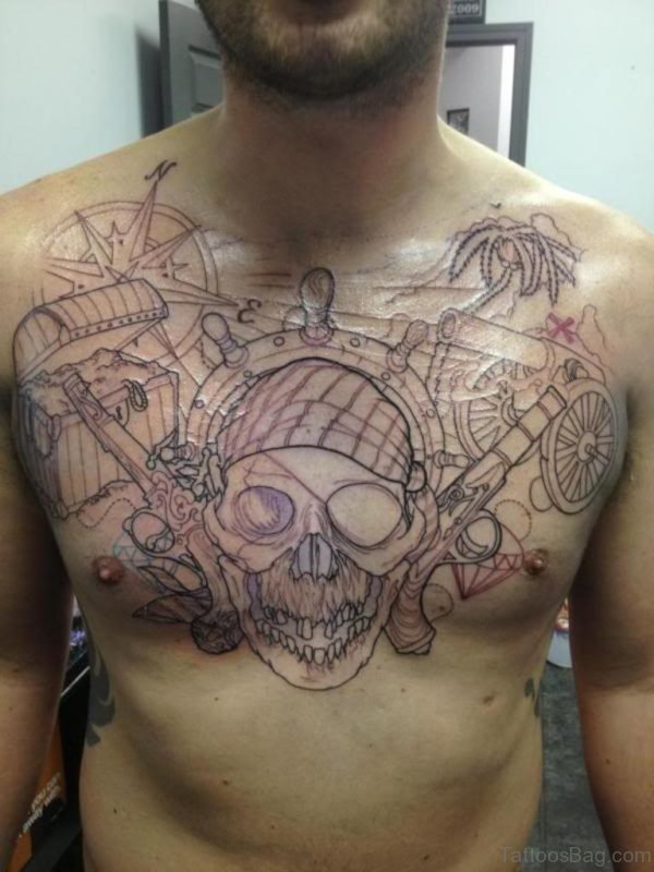 Outline Compass Skull Tattoo Design On Chest