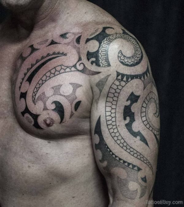 Outline Maori Tribal Tattoo On Chest
