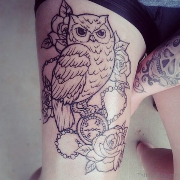 Outline Owl And Flowers Tattoo