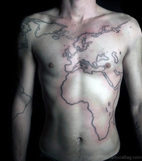 Outline World Map Mens Tattoo On Chest
