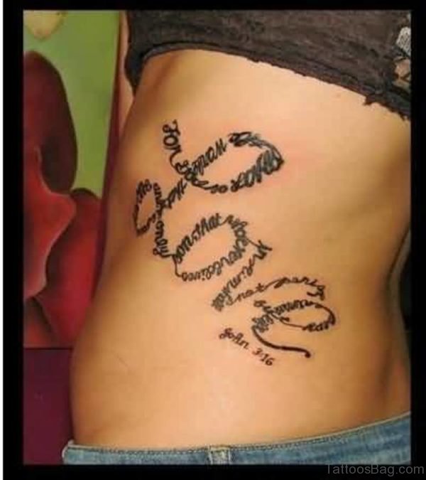 Outstanding Love Wording Tattoo On Rib Side