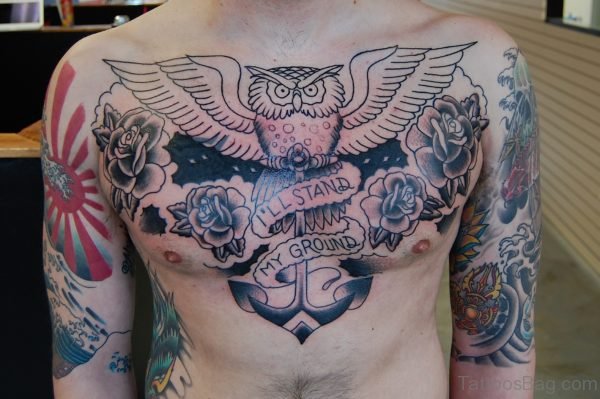 Owl Anchor And Grey Rose Tattoo On Chest