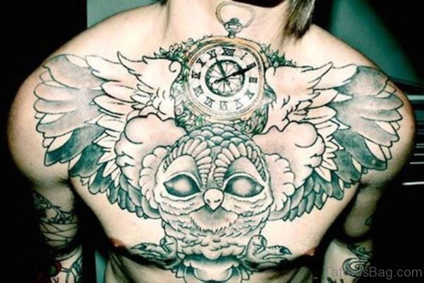 Owl And Clock Tattoo Design On Chest