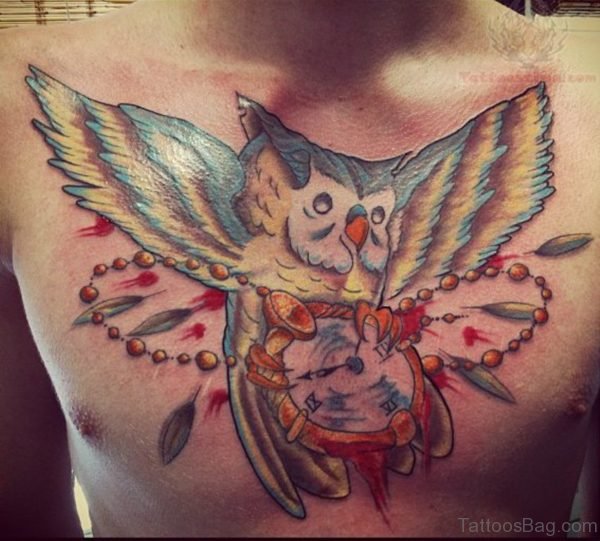 Owl And Clock Tattoo On Chest