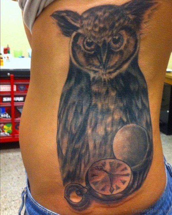 Owl And Clock Tattoo On Rib