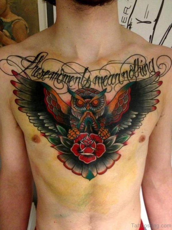 Owl And Red Rose Tattoo On Chest
